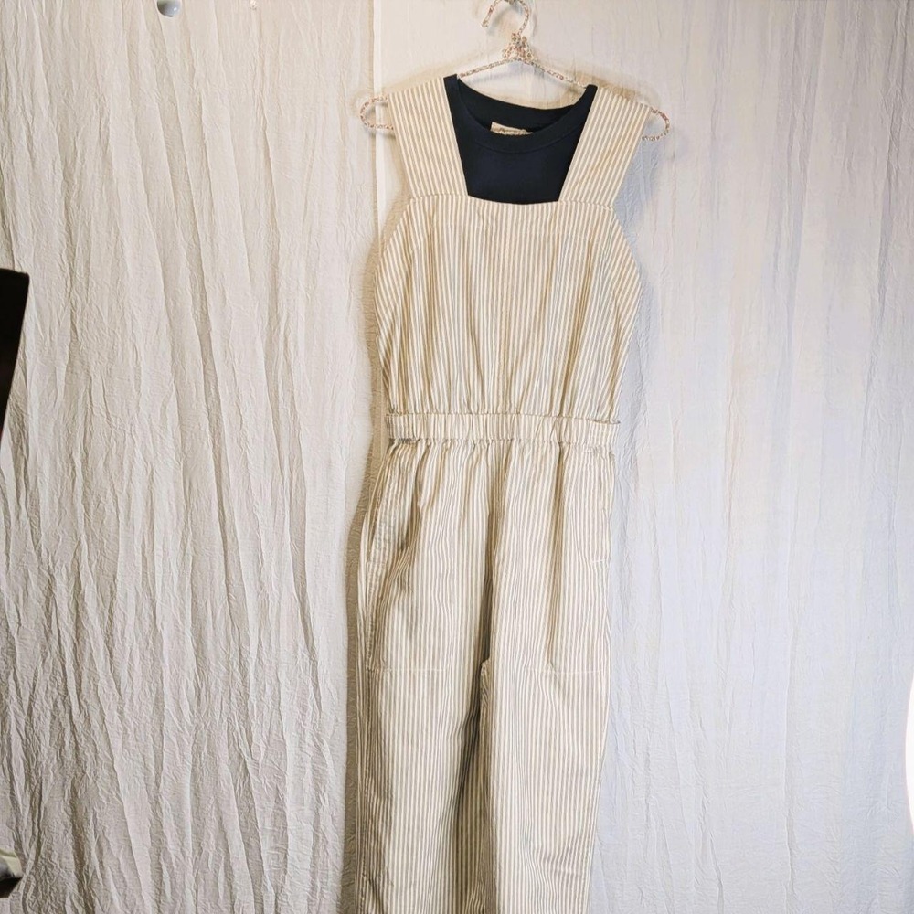 Everlane Fatigue Apron Striped Jumpsuit (S) & Madewell Navy Blue Tank (M)